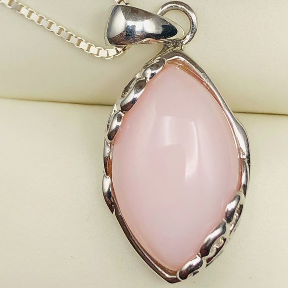 BBJ Sterling Silver 925, 16" Box Chain Necklace, Pink Agate Pendant, 8 Grams - Picture 2 of 14